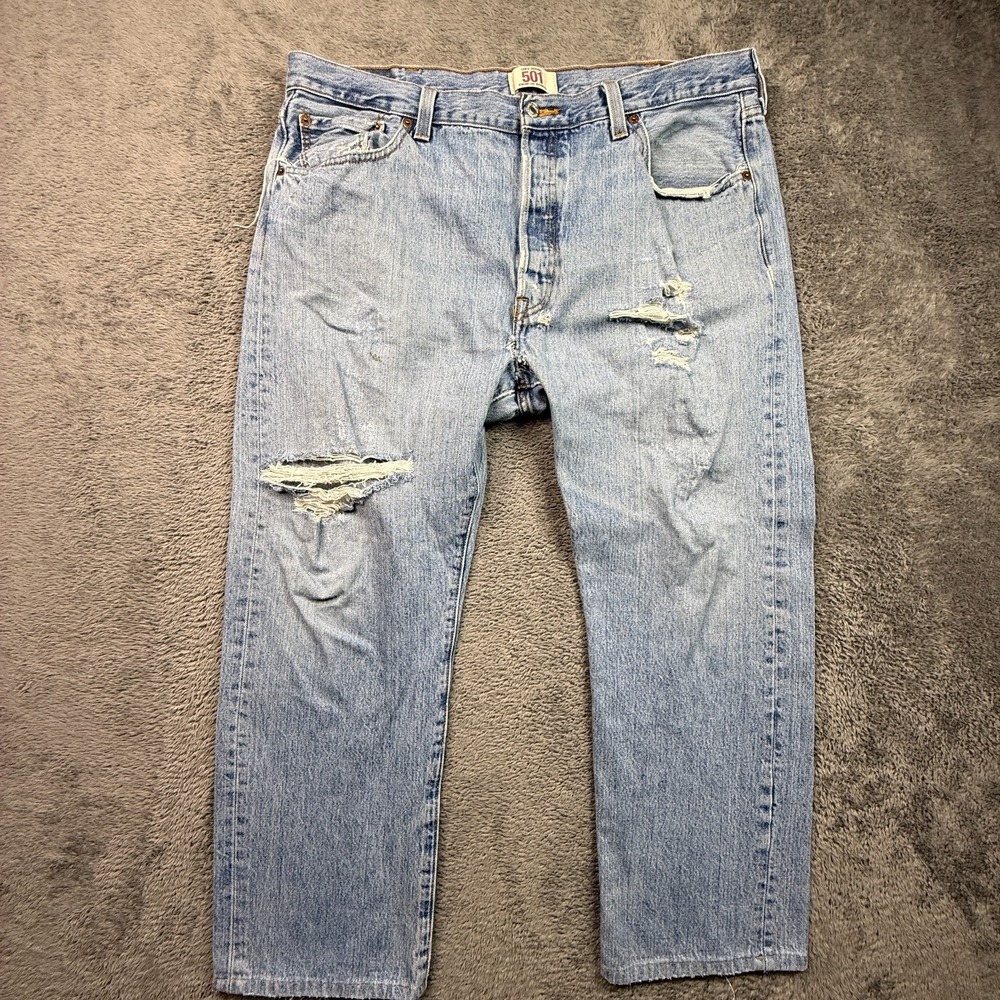 Vintage Y2K Distressed Thrashed 501 Jeans Mens 38x28 Button Fly Straight Leg
